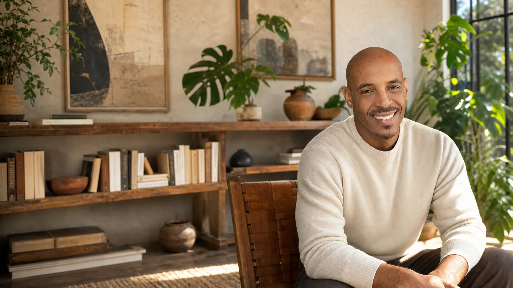 Brant Richards seated in a sunlit reading room lined with books and art