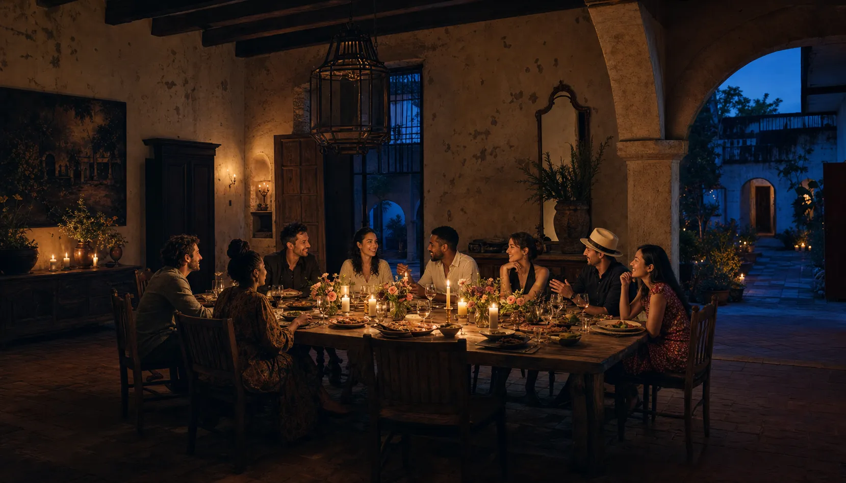 Eight people gathered around a candlelit table