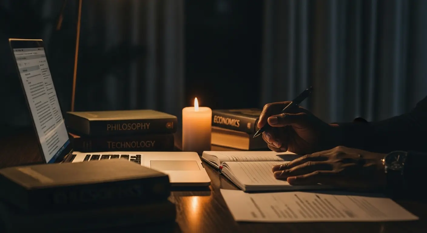 A writing desk lit by candlelight